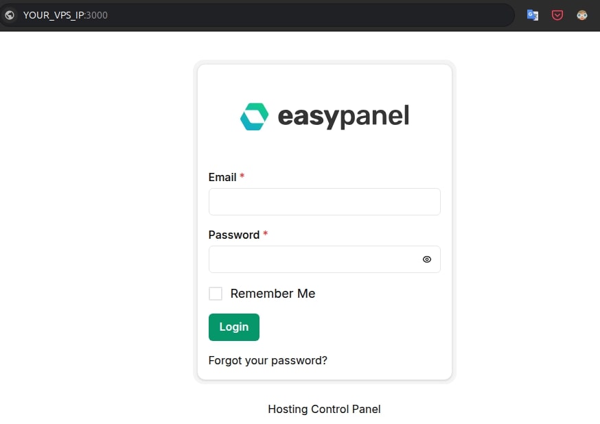 EasyPanel login screen